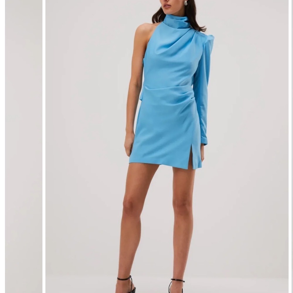 MISHA Romeo Satin Mini Dress In‎ Aegan Blue Size Large High Neck